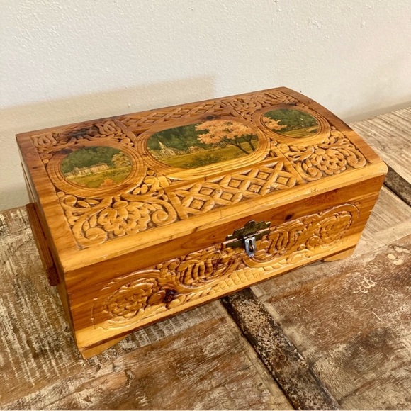 Vintage Other - Scenic Carved Wood Box Document Box Glove Box Box Decorative Jewelry Box